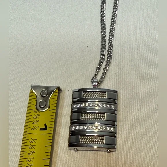 Tres Chic Stainless Steel Silver Pendant Necklace with Rhinestones. NWT - Picture 5 of 9